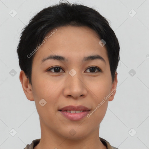 Joyful asian young-adult female with short  brown hair and brown eyes