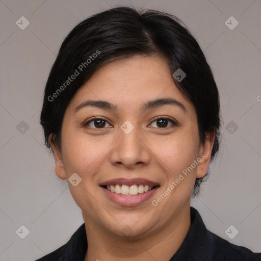 Joyful asian young-adult female with medium  black hair and brown eyes