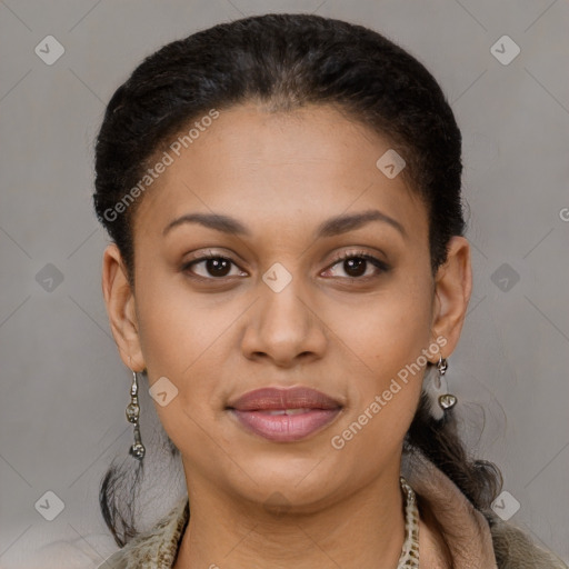 Joyful latino young-adult female with long  brown hair and brown eyes