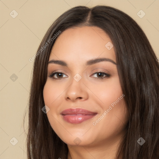 Joyful latino young-adult female with long  brown hair and brown eyes