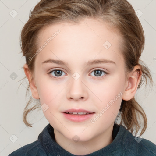 Joyful white child female with medium  brown hair and blue eyes