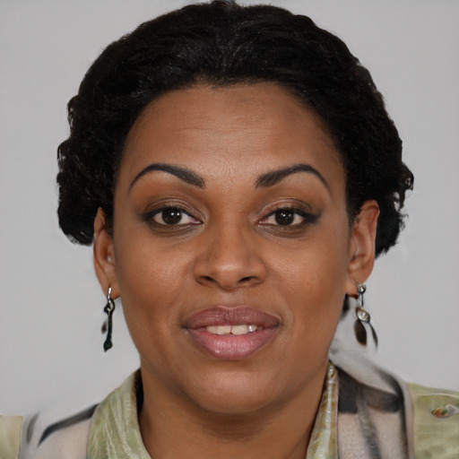 Joyful black adult female with medium  brown hair and brown eyes