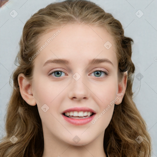 Joyful white young-adult female with long  brown hair and blue eyes