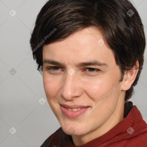 Joyful white adult female with medium  brown hair and brown eyes