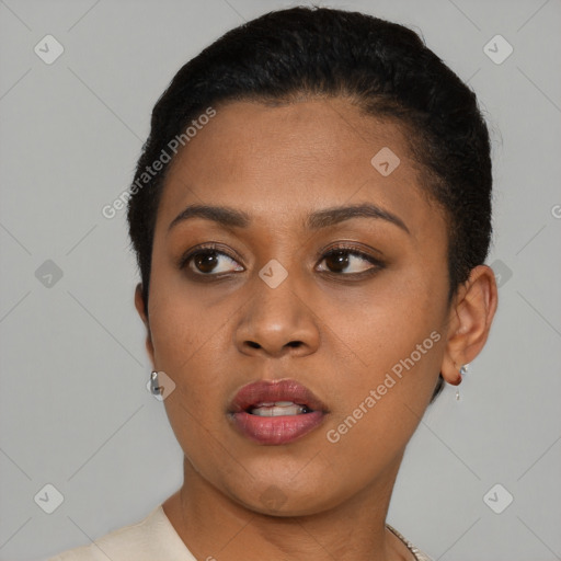 Neutral black young-adult female with short  brown hair and brown eyes