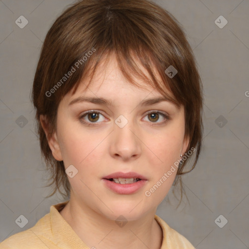 Neutral white young-adult female with medium  brown hair and brown eyes