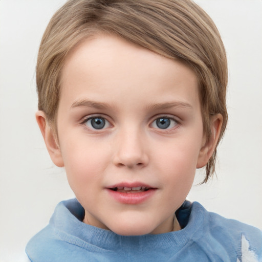 Neutral white child female with short  brown hair and blue eyes