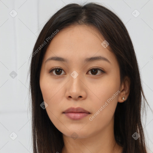 Neutral asian young-adult female with long  brown hair and brown eyes