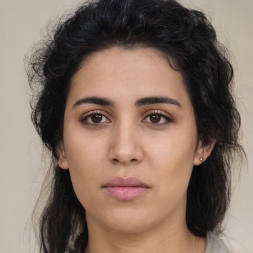 Neutral asian young-adult female with long  brown hair and brown eyes