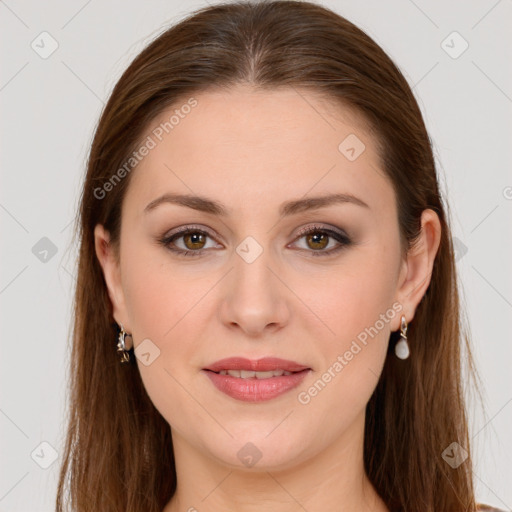 Joyful white young-adult female with long  brown hair and brown eyes