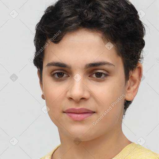 Joyful white young-adult female with short  brown hair and brown eyes