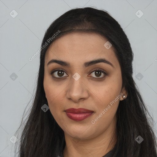 Joyful asian young-adult female with long  black hair and brown eyes