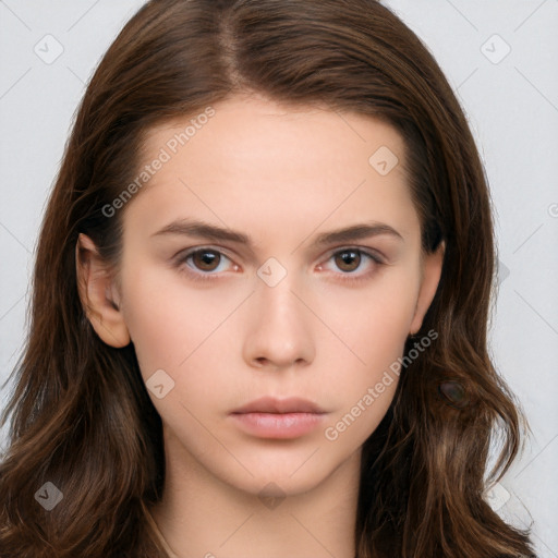 Neutral white young-adult female with long  brown hair and brown eyes