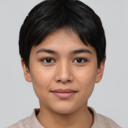 Joyful latino young-adult female with short  black hair and brown eyes