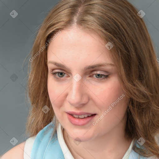 Joyful white young-adult female with medium  brown hair and blue eyes