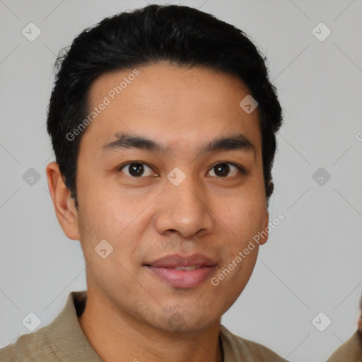 Joyful latino young-adult male with short  black hair and brown eyes