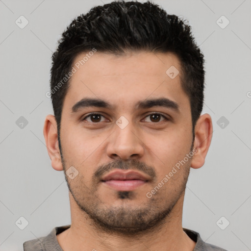 Neutral latino young-adult male with short  black hair and brown eyes