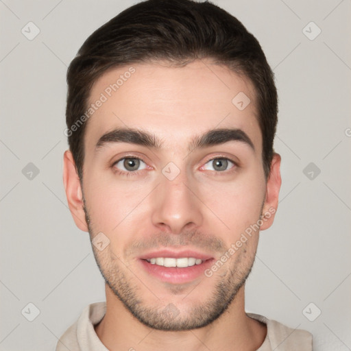 Joyful white young-adult male with short  brown hair and brown eyes