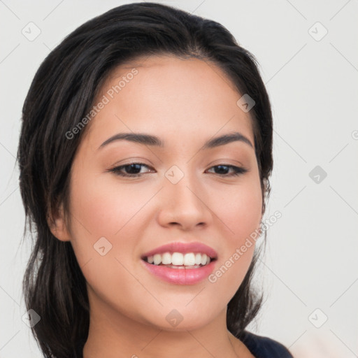 Joyful white young-adult female with long  black hair and brown eyes