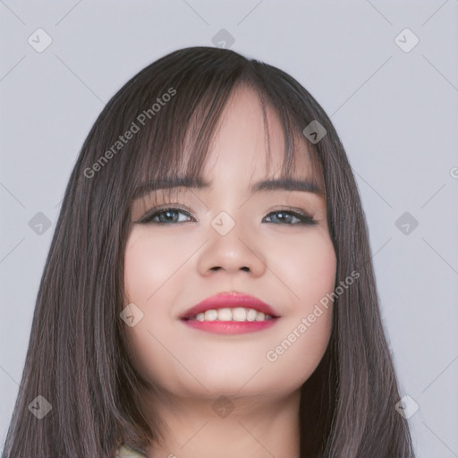 Joyful white young-adult female with long  black hair and brown eyes