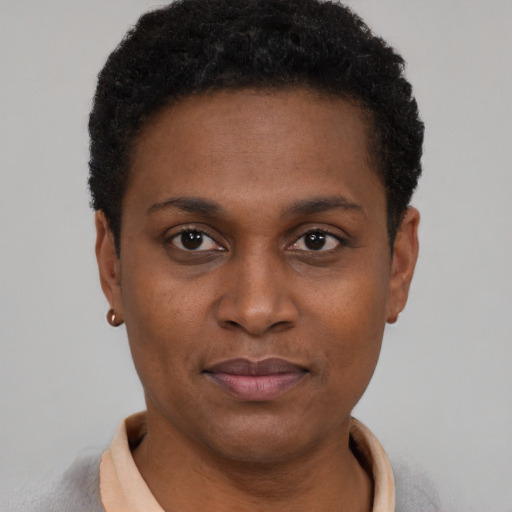 Neutral black young-adult female with short  black hair and brown eyes