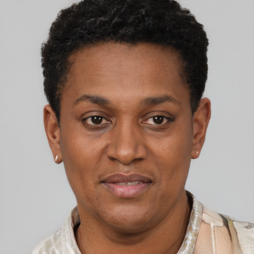 Joyful latino young-adult female with short  black hair and brown eyes