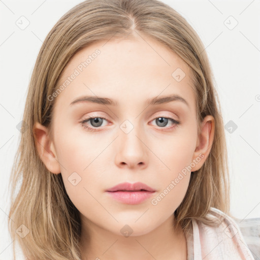 Neutral white young-adult female with long  brown hair and grey eyes