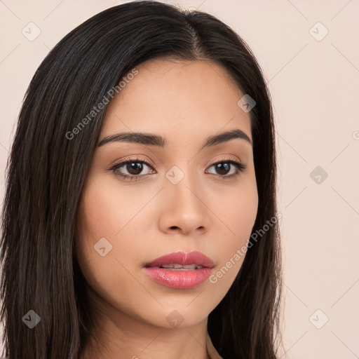 Neutral white young-adult female with long  brown hair and brown eyes