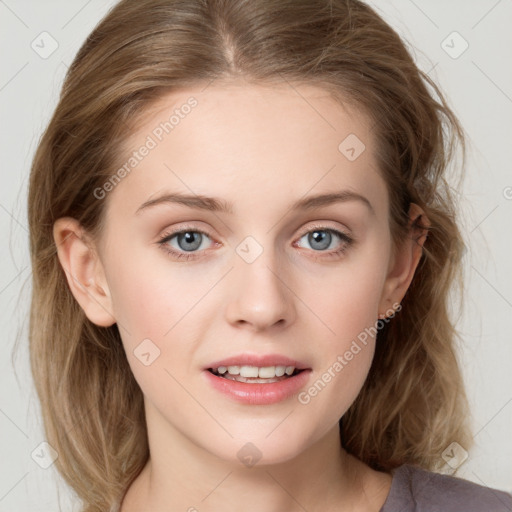 Joyful white young-adult female with medium  brown hair and blue eyes