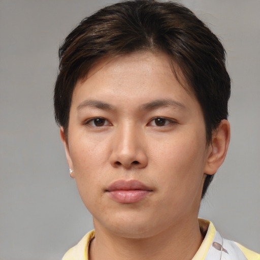 Neutral asian young-adult female with short  brown hair and brown eyes