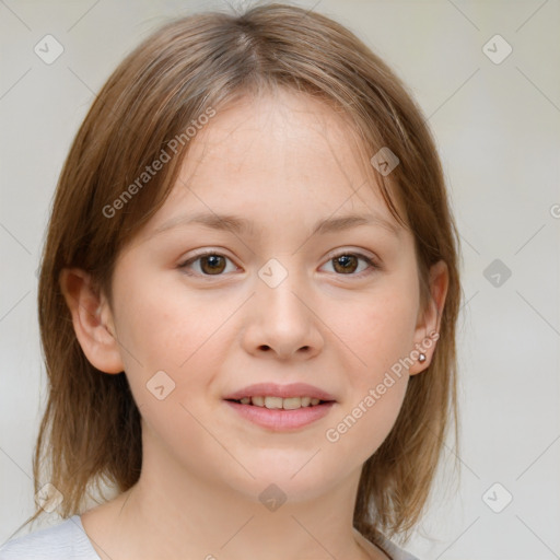 Joyful white child female with medium  brown hair and brown eyes