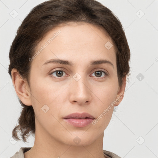 Neutral white young-adult female with short  brown hair and grey eyes