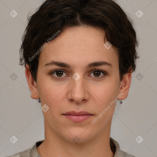 Neutral white young-adult female with short  brown hair and brown eyes