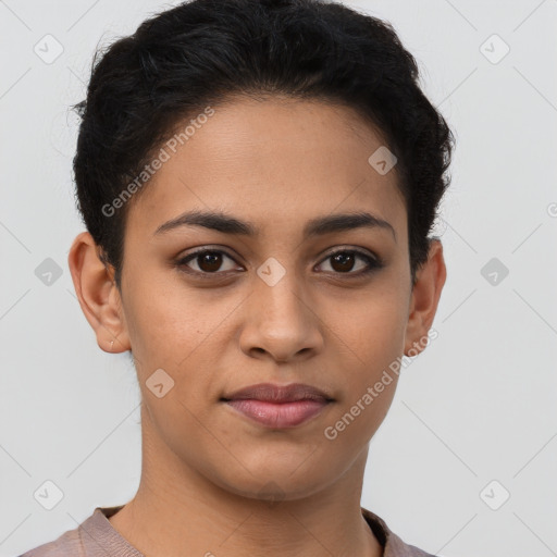 Joyful latino young-adult female with short  brown hair and brown eyes