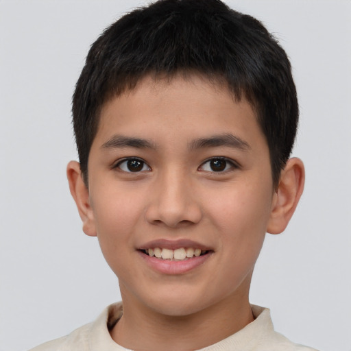 Joyful asian child male with short  brown hair and brown eyes