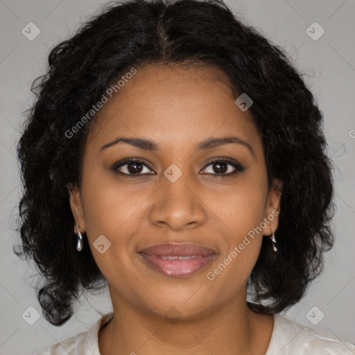 Joyful black young-adult female with medium  brown hair and brown eyes