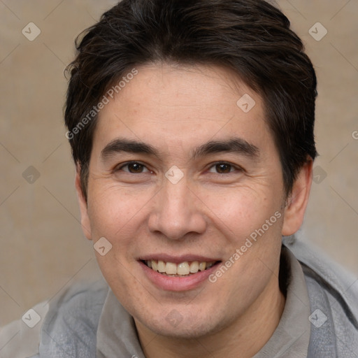 Joyful white adult male with short  brown hair and brown eyes