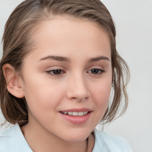 Joyful white child female with medium  brown hair and brown eyes