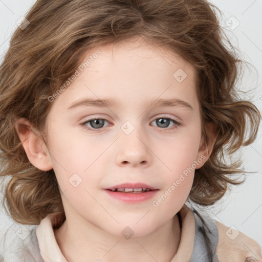 Joyful white child female with medium  brown hair and brown eyes