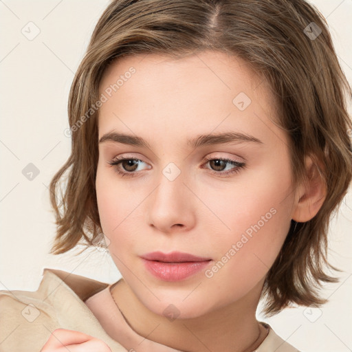 Neutral white young-adult female with medium  brown hair and brown eyes