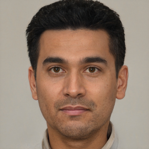 Neutral asian young-adult male with short  black hair and brown eyes
