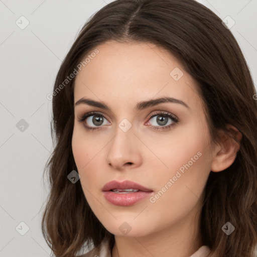 Neutral white young-adult female with long  brown hair and brown eyes