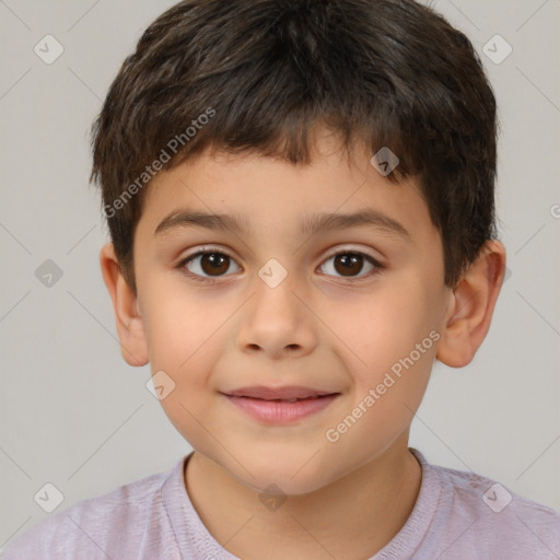 Joyful white child male with short  brown hair and brown eyes