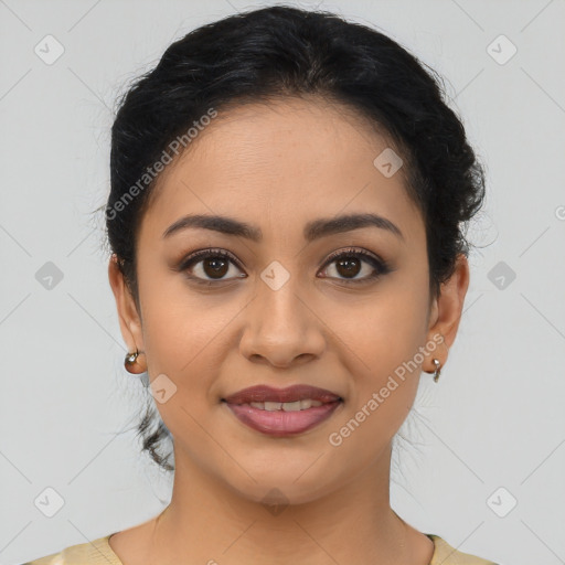 Joyful latino young-adult female with medium  brown hair and brown eyes