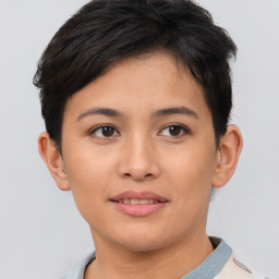 Joyful asian young-adult female with short  brown hair and brown eyes