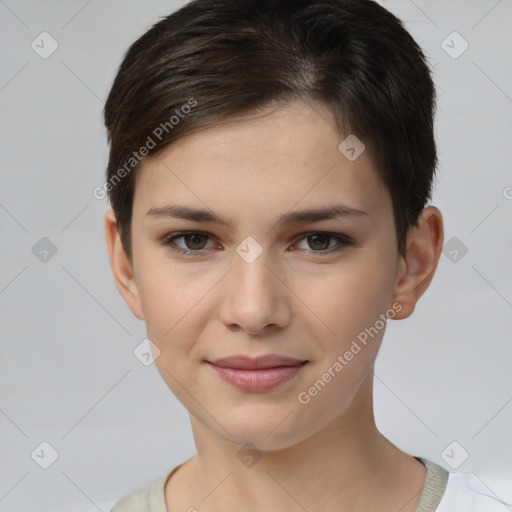 Joyful white young-adult female with short  brown hair and brown eyes