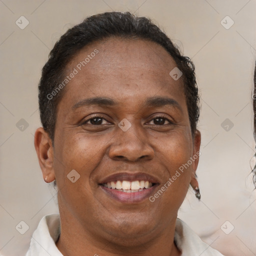 Joyful black adult female with short  brown hair and brown eyes