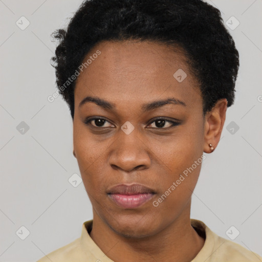 Neutral black young-adult female with short  black hair and brown eyes