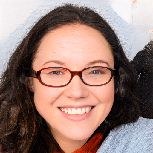 Joyful white adult female with long  brown hair and brown eyes