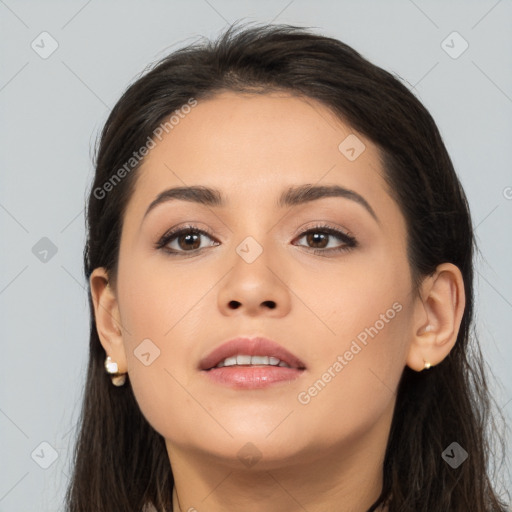 Neutral asian young-adult female with long  brown hair and brown eyes